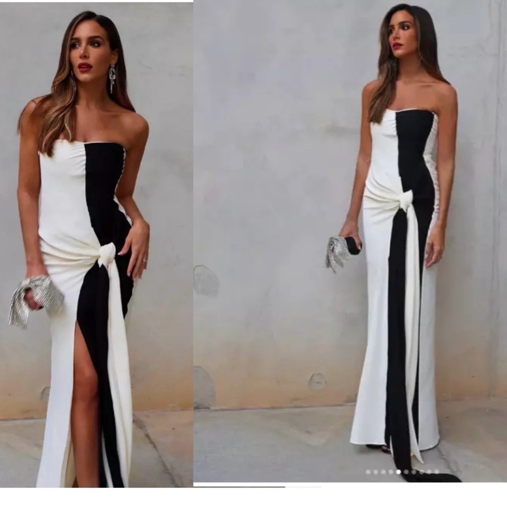 ZARA COLLECTION KNOTTED STRAPLESS MAXI DRESS LIMITED EDITION Black cream Sz M